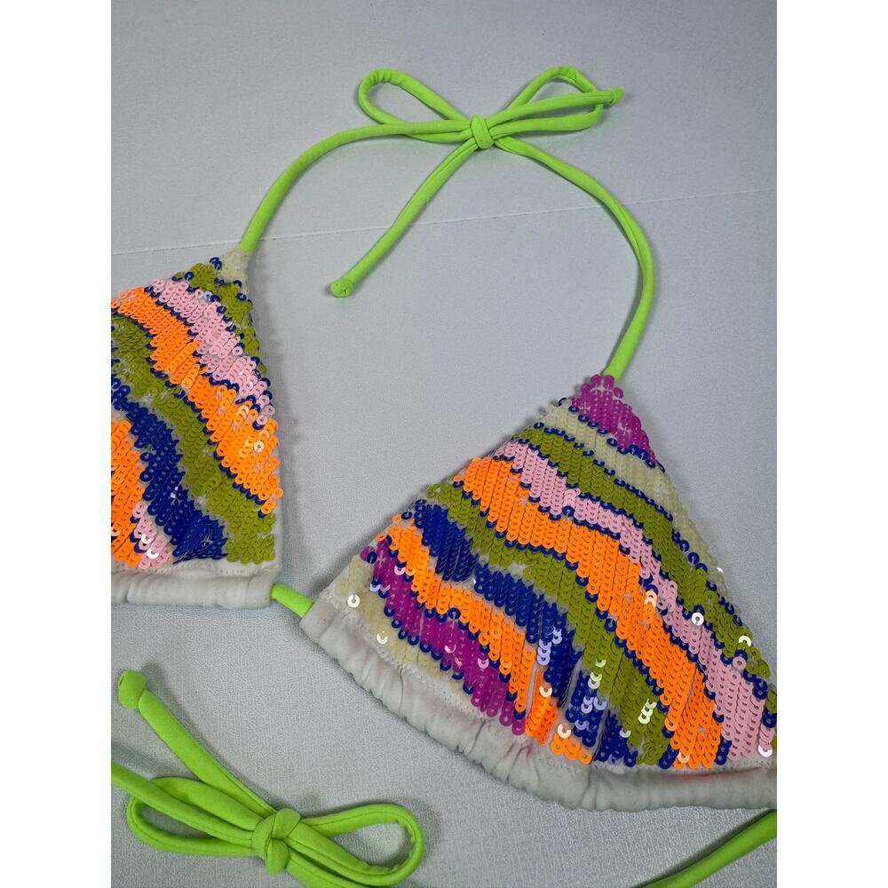 Victoria's Secret Sequin Triangle Bikini Top Neon Green Tie Womens XS Sparkly - Picture 2 of 8